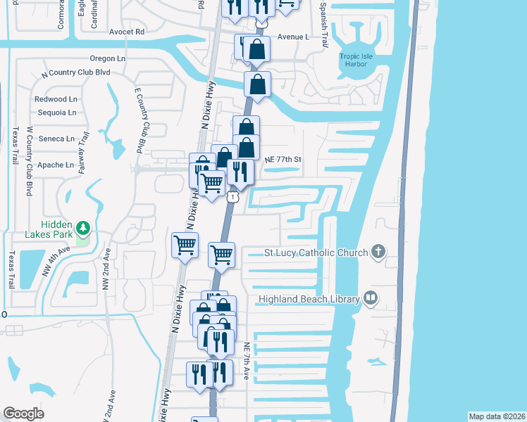 map of restaurants, bars, coffee shops, grocery stores, and more near 737 Northeast Boca Bay Colony Drive in Boca Raton