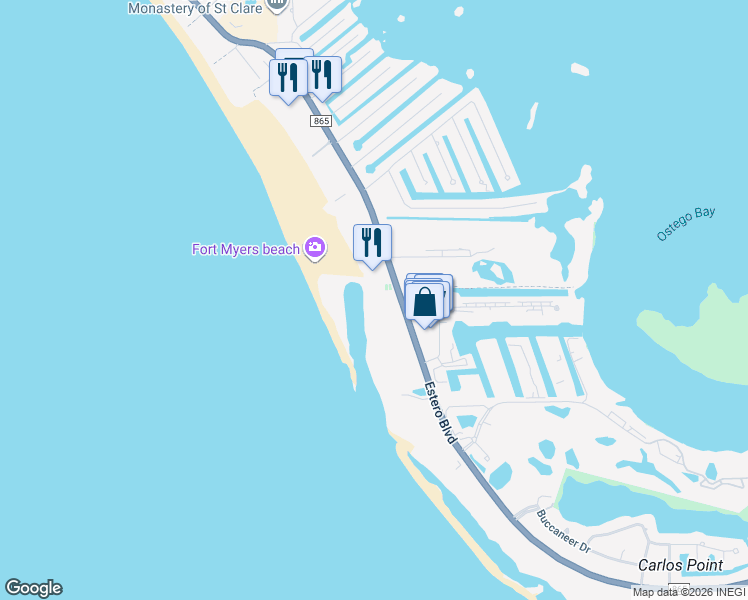 map of restaurants, bars, coffee shops, grocery stores, and more near 6900 Estero Boulevard in Fort Myers Beach