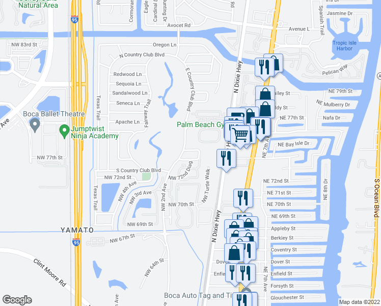 map of restaurants, bars, coffee shops, grocery stores, and more near 31 Lariat Circle in Boca Raton