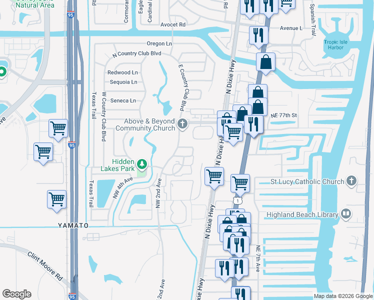 map of restaurants, bars, coffee shops, grocery stores, and more near 31 Lariat Circle in Boca Raton