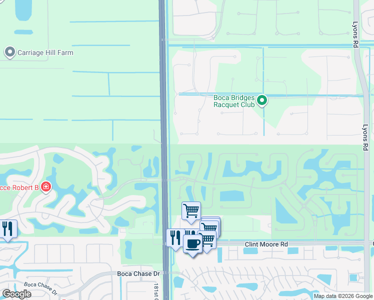 map of restaurants, bars, coffee shops, grocery stores, and more near 17606 Circle Pond Court in Boca Raton