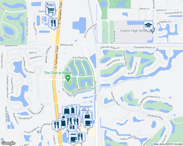 map of restaurants, bars, coffee shops, grocery stores, and more near 8597 Via Garibaldi Circle in Estero