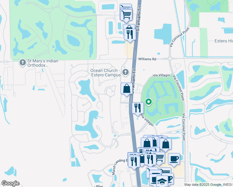 map of restaurants, bars, coffee shops, grocery stores, and more near C East Drive in Estero