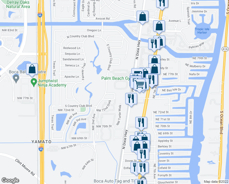 map of restaurants, bars, coffee shops, grocery stores, and more near 61 Lariat Circle in Boca Raton