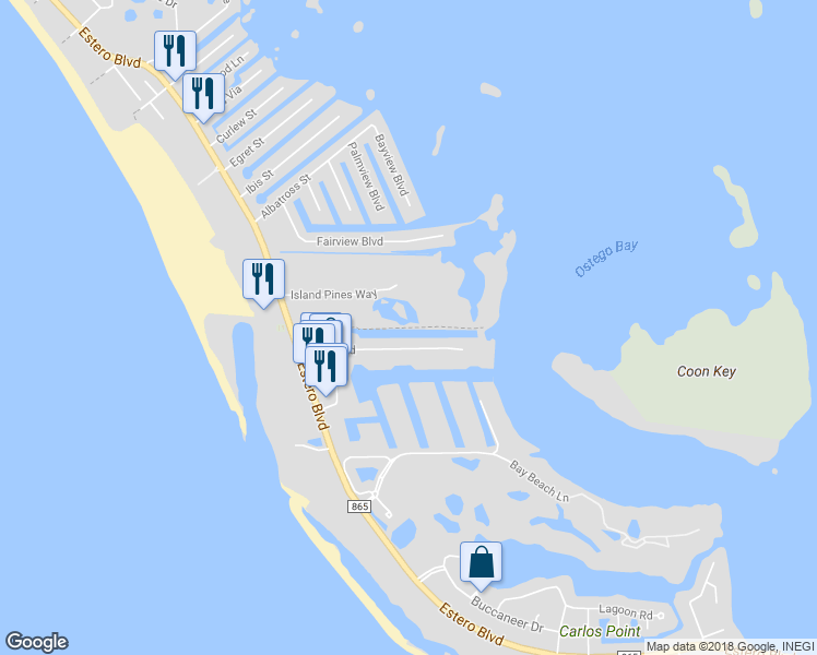 map of restaurants, bars, coffee shops, grocery stores, and more near Estero Cove Condo Trail in Fort Myers Beach
