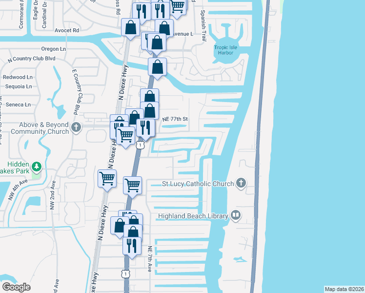 map of restaurants, bars, coffee shops, grocery stores, and more near 815 Northeast Bay Isle Court in Boca Raton