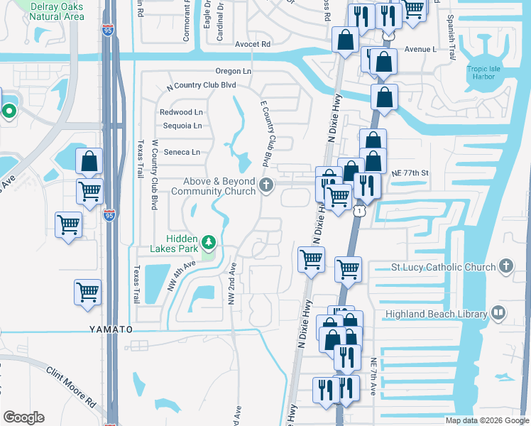 map of restaurants, bars, coffee shops, grocery stores, and more near 7500 East Country Club Boulevard in Boca Raton