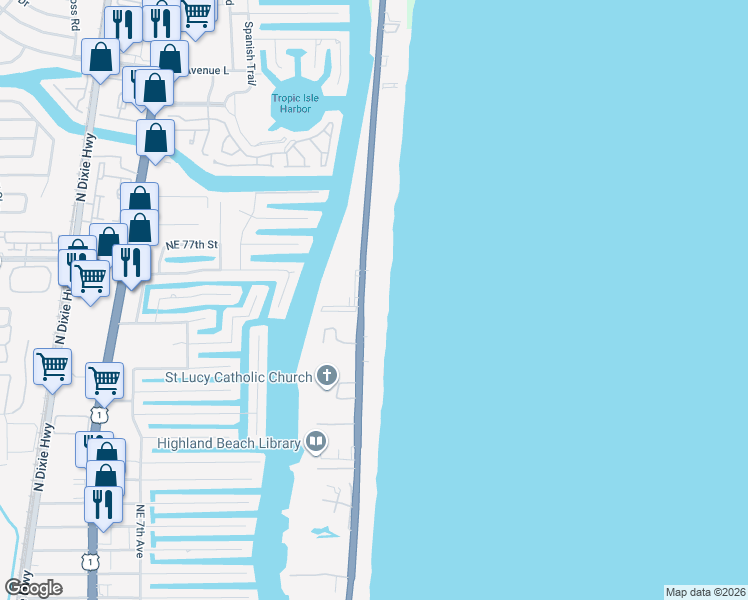 map of restaurants, bars, coffee shops, grocery stores, and more near 3301 South Ocean Boulevard in Highland Beach