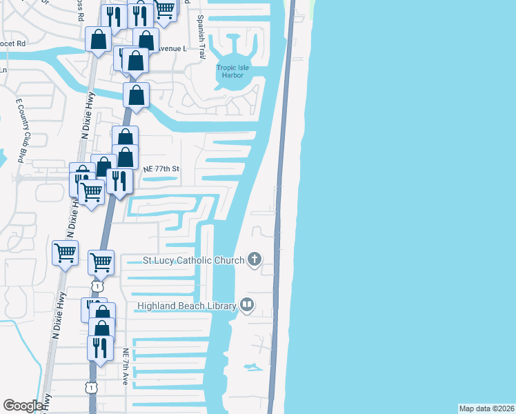 map of restaurants, bars, coffee shops, grocery stores, and more near 3212 South Ocean Boulevard in Highland Beach
