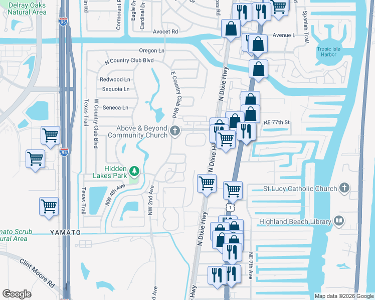 map of restaurants, bars, coffee shops, grocery stores, and more near 59 Lariat Circle in Boca Raton