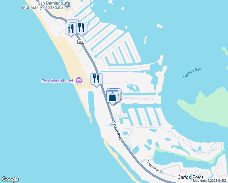 map of restaurants, bars, coffee shops, grocery stores, and more near 6889 Estero Boulevard in Fort Myers Beach