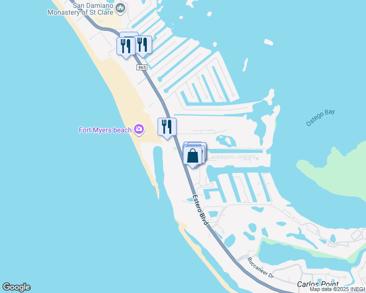 map of restaurants, bars, coffee shops, grocery stores, and more near 6890 Estero Boulevard in Fort Myers Beach