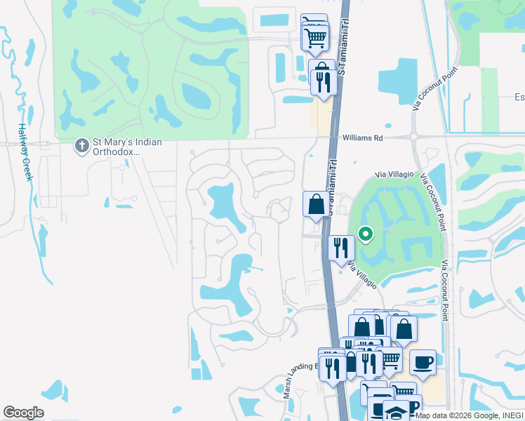 map of restaurants, bars, coffee shops, grocery stores, and more near 3180 Seasons Way in Estero
