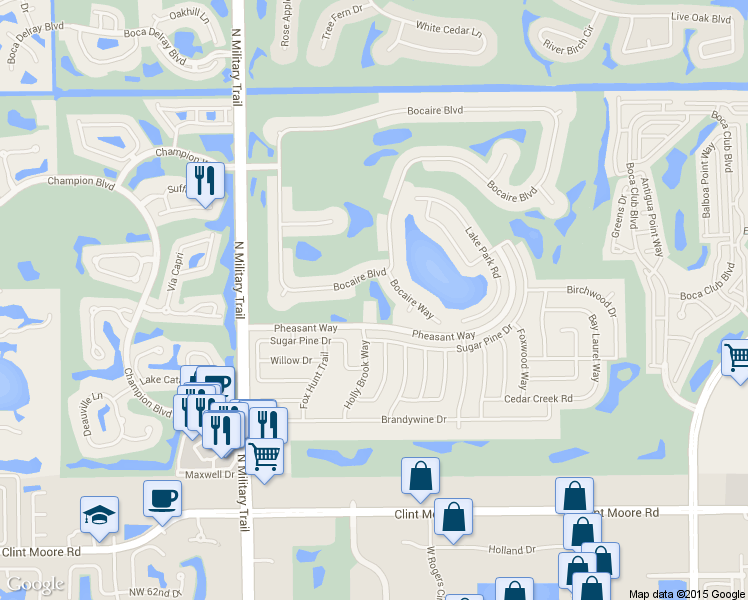 map of restaurants, bars, coffee shops, grocery stores, and more near 4689 Pheasant Way in Boca Raton