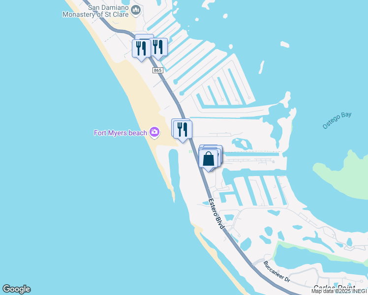 map of restaurants, bars, coffee shops, grocery stores, and more near 6890 Estero Boulevard in Fort Myers Beach