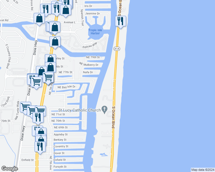 map of restaurants, bars, coffee shops, grocery stores, and more near 3212 South Ocean Boulevard in Highland Beach