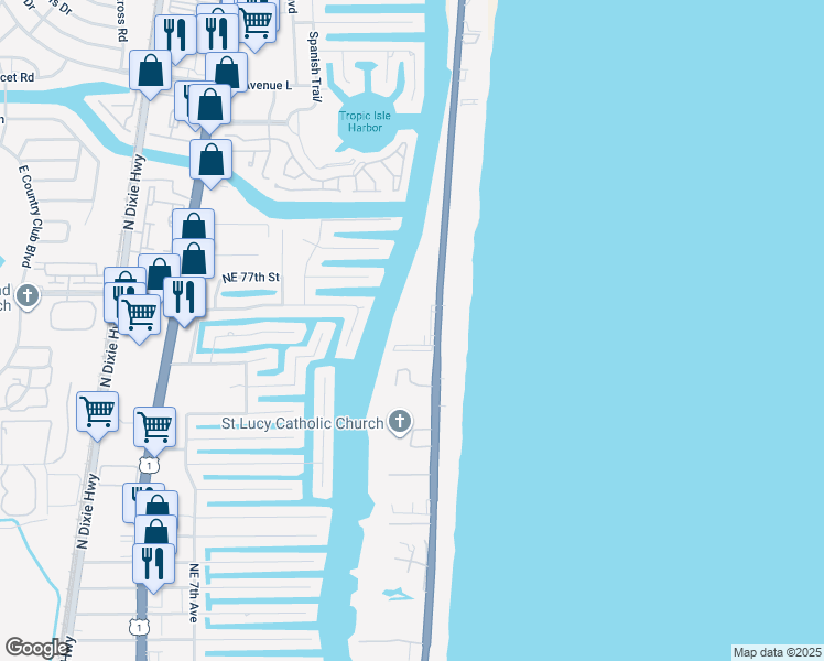 map of restaurants, bars, coffee shops, grocery stores, and more near 3212 South Ocean Boulevard in Highland Beach