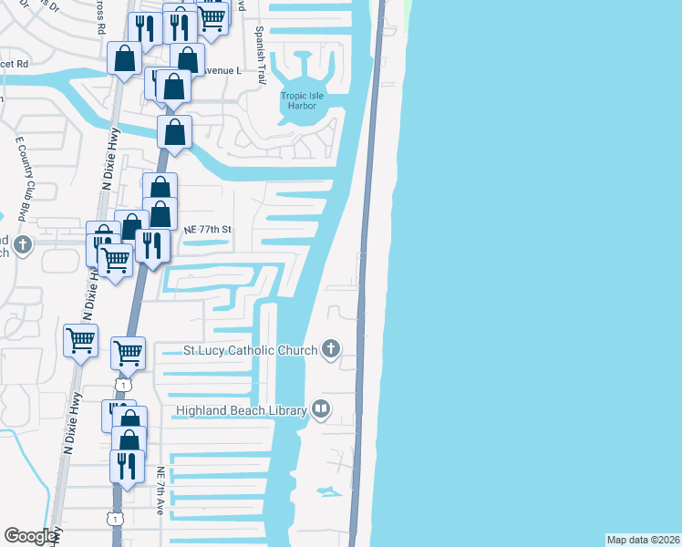 map of restaurants, bars, coffee shops, grocery stores, and more near 3212 South Ocean Boulevard in Highland Beach