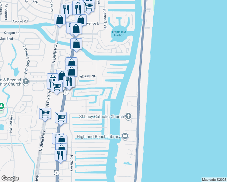map of restaurants, bars, coffee shops, grocery stores, and more near 7497 Northeast Orchid Bay Drive in Boca Raton