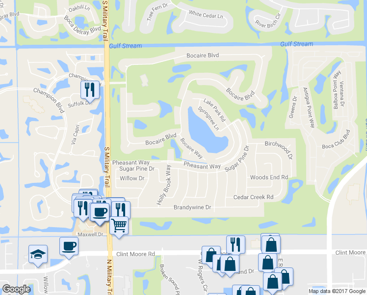 map of restaurants, bars, coffee shops, grocery stores, and more near 17571 Bocaire Way in Boca Raton