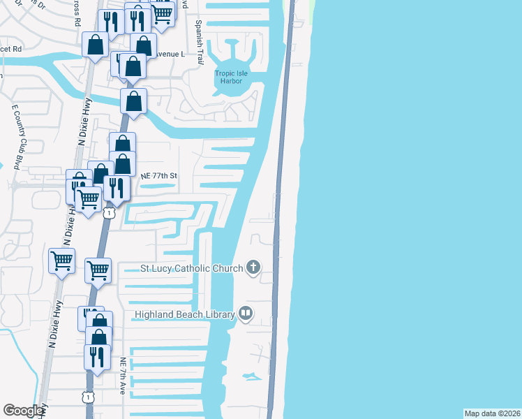map of restaurants, bars, coffee shops, grocery stores, and more near 3212 South Ocean Boulevard in Highland Beach