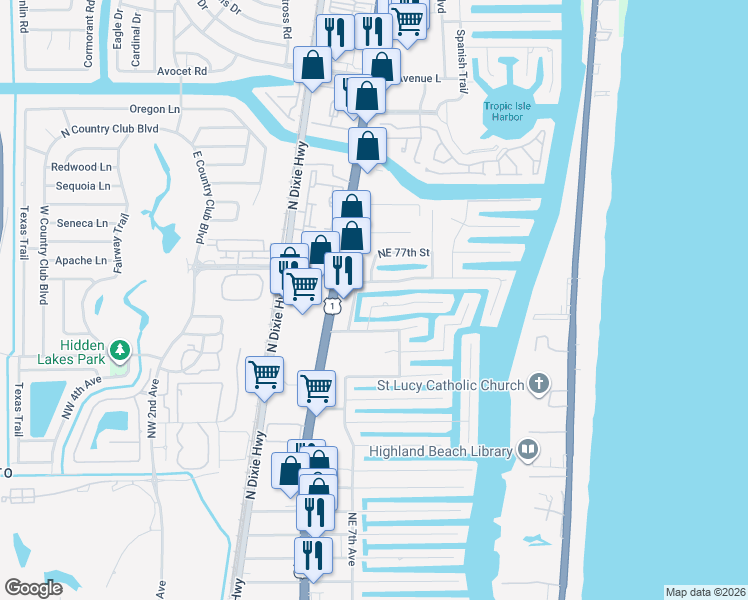 map of restaurants, bars, coffee shops, grocery stores, and more near 727 Northeast Bay Isle Court in Boca Raton