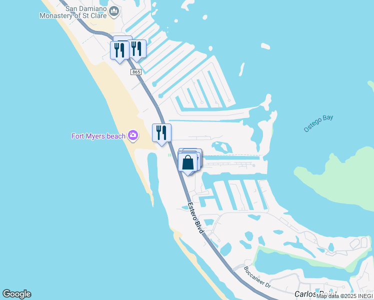 map of restaurants, bars, coffee shops, grocery stores, and more near 6889 Estero Boulevard in Fort Myers Beach