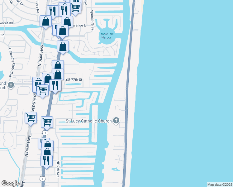 map of restaurants, bars, coffee shops, grocery stores, and more near 3224 South Ocean Boulevard in Highland Beach