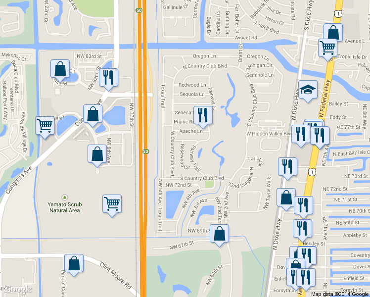map of restaurants, bars, coffee shops, grocery stores, and more near 7474 Rosewood Circle in Boca Raton