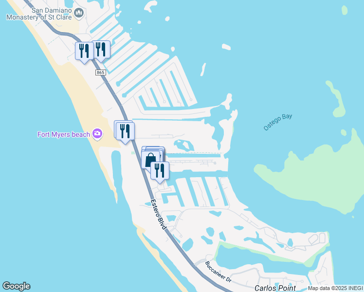 map of restaurants, bars, coffee shops, grocery stores, and more near Estero Cove Condo Trail in Fort Myers Beach