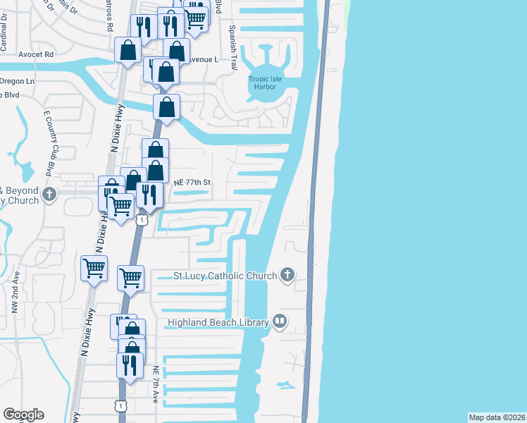 map of restaurants, bars, coffee shops, grocery stores, and more near 7532 Northeast Orchid Bay Drive in Boca Raton