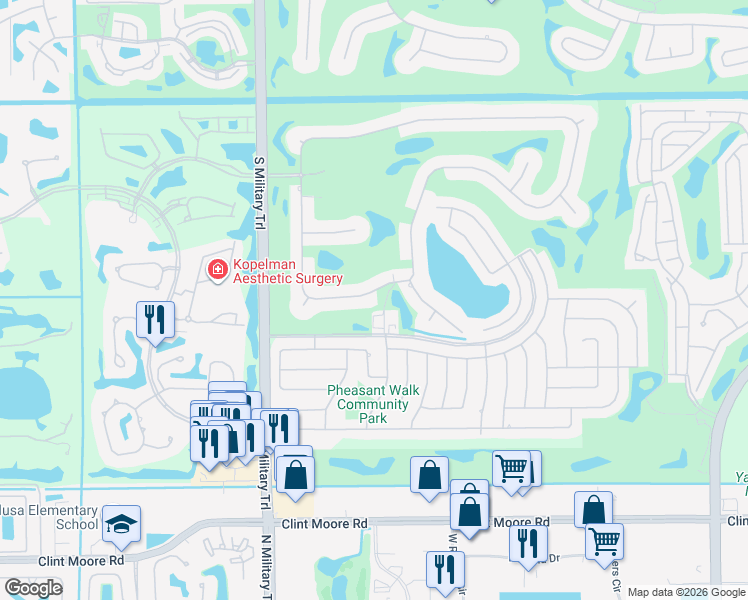 map of restaurants, bars, coffee shops, grocery stores, and more near 4689 Pheasant Way in Boca Raton
