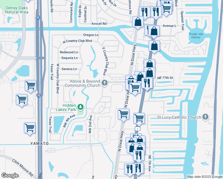 map of restaurants, bars, coffee shops, grocery stores, and more near 100 West Hidden Valley Boulevard in Boca Raton