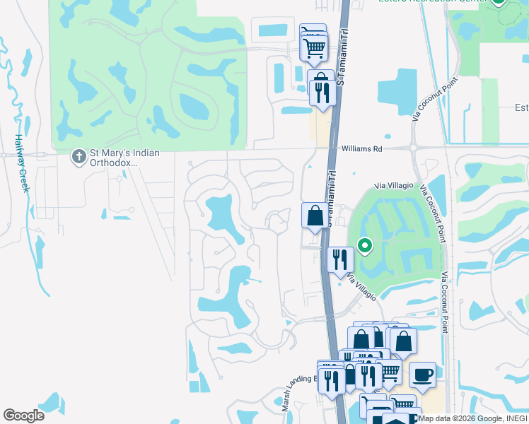 map of restaurants, bars, coffee shops, grocery stores, and more near 3180 Seasons Way in Estero