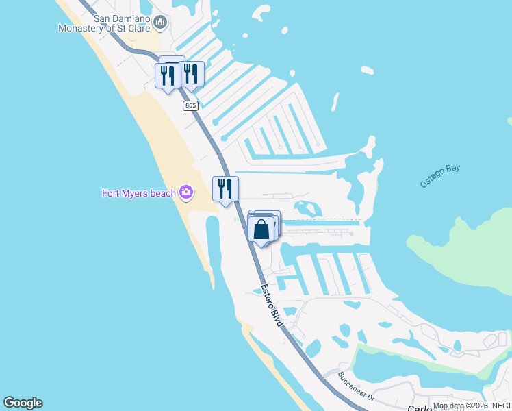map of restaurants, bars, coffee shops, grocery stores, and more near 6889 Estero Boulevard in Fort Myers Beach