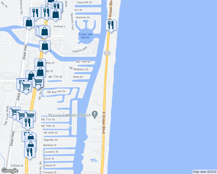 map of restaurants, bars, coffee shops, grocery stores, and more near 3215 South Ocean Boulevard in Highland Beach