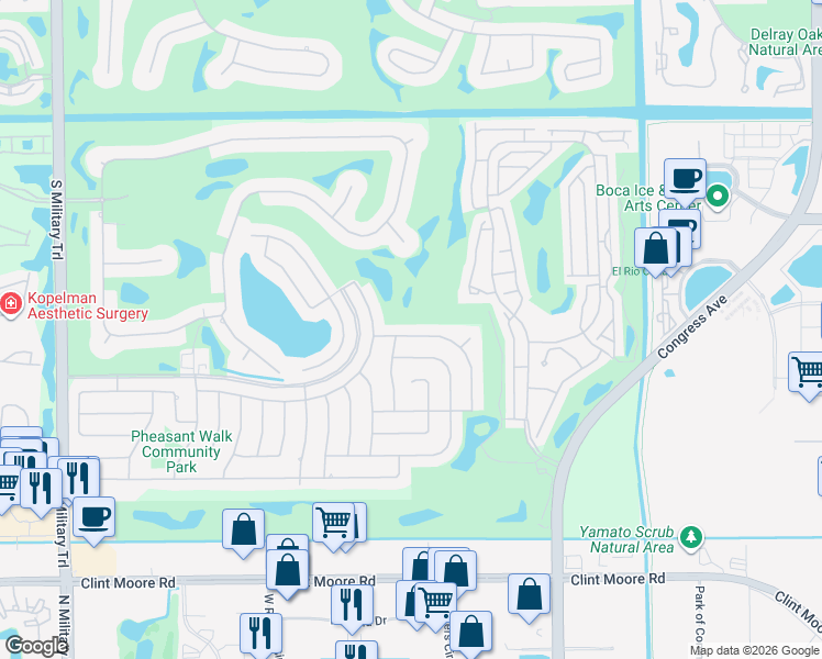 map of restaurants, bars, coffee shops, grocery stores, and more near 4205 Birchwood Drive in Boca Raton