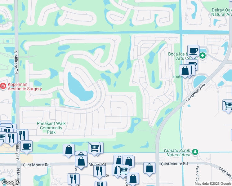 map of restaurants, bars, coffee shops, grocery stores, and more near 4205 Birchwood Drive in Boca Raton