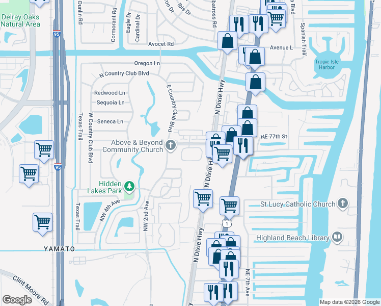 map of restaurants, bars, coffee shops, grocery stores, and more near 100 West Hidden Valley Boulevard in Boca Raton