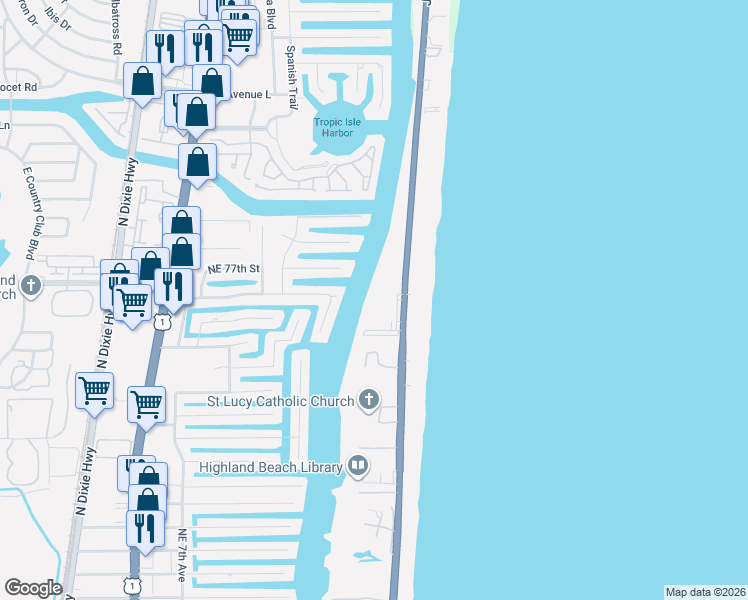map of restaurants, bars, coffee shops, grocery stores, and more near 3212 South Ocean Boulevard in Highland Beach