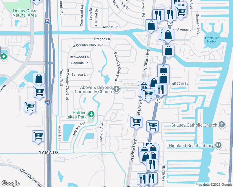 map of restaurants, bars, coffee shops, grocery stores, and more near 7500 East Country Club Boulevard in Boca Raton