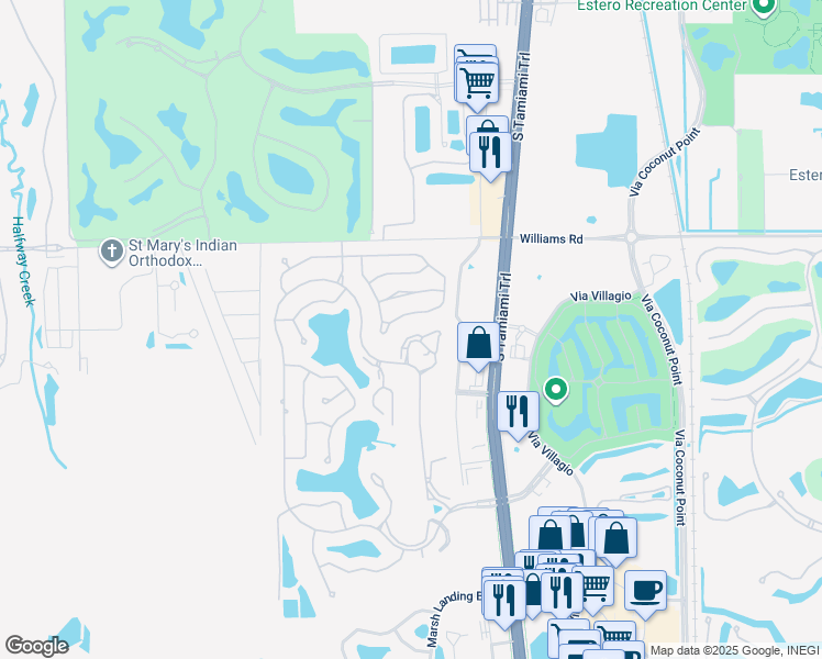 map of restaurants, bars, coffee shops, grocery stores, and more near 3160 Seasons Way in Estero