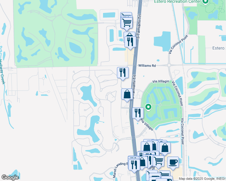 map of restaurants, bars, coffee shops, grocery stores, and more near C East Drive in Estero