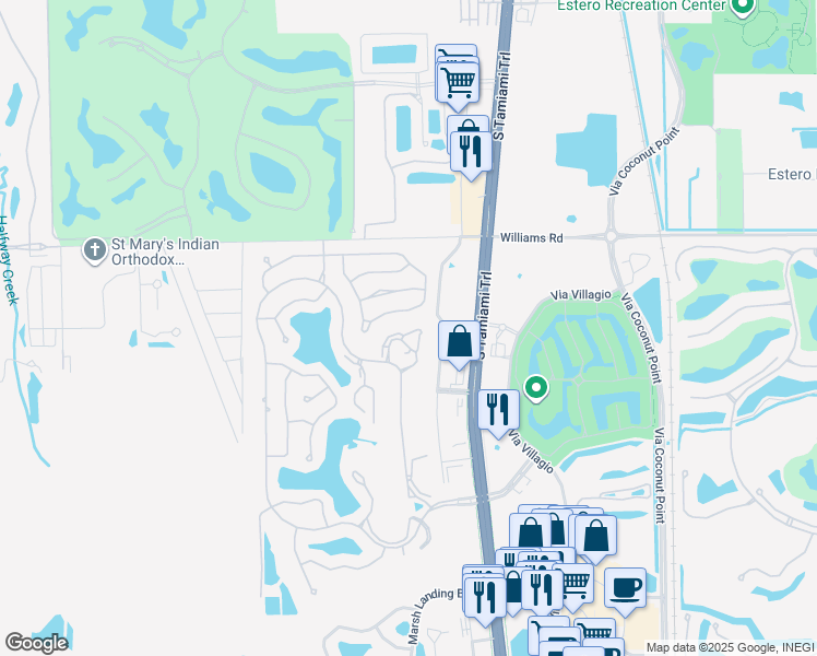 map of restaurants, bars, coffee shops, grocery stores, and more near 3150 Seasons Way in Estero