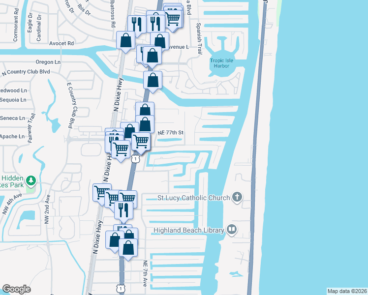 map of restaurants, bars, coffee shops, grocery stores, and more near 815 Northeast Bay Isle Court in Boca Raton