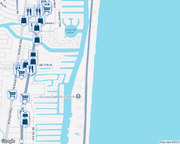 map of restaurants, bars, coffee shops, grocery stores, and more near 3215 South Ocean Boulevard in Highland Beach