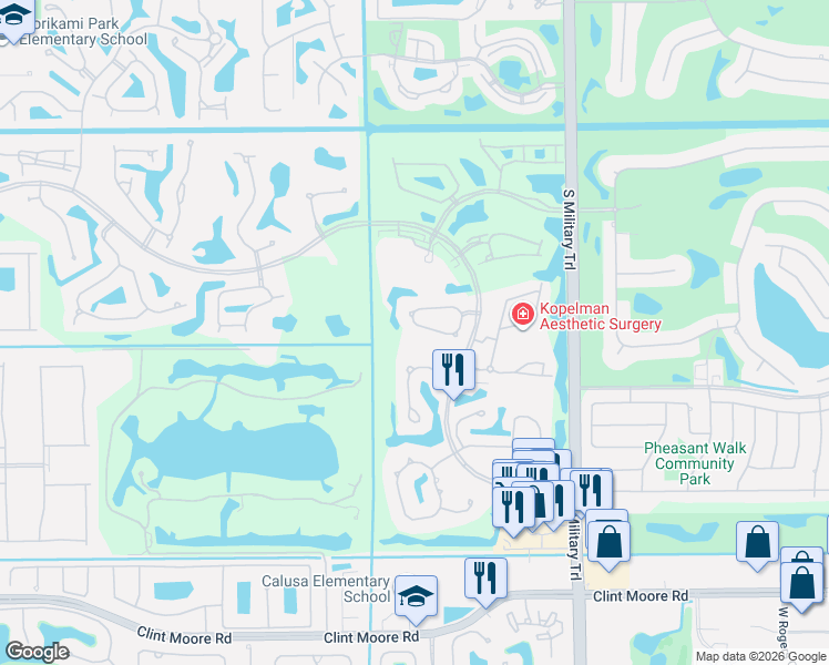 map of restaurants, bars, coffee shops, grocery stores, and more near 17606-17620 Ashbourne Lane in Boca Raton