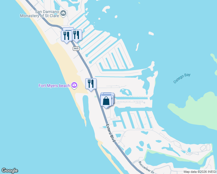 map of restaurants, bars, coffee shops, grocery stores, and more near 22704 Island Pines Way in Fort Myers Beach