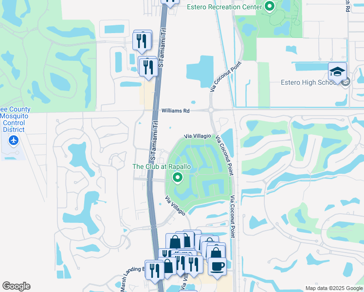 map of restaurants, bars, coffee shops, grocery stores, and more near 8541 Via Garibaldi Circle in Estero