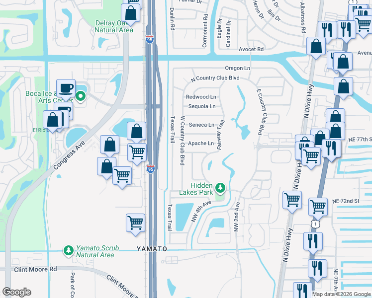 map of restaurants, bars, coffee shops, grocery stores, and more near 417 Apache Lane in Boca Raton